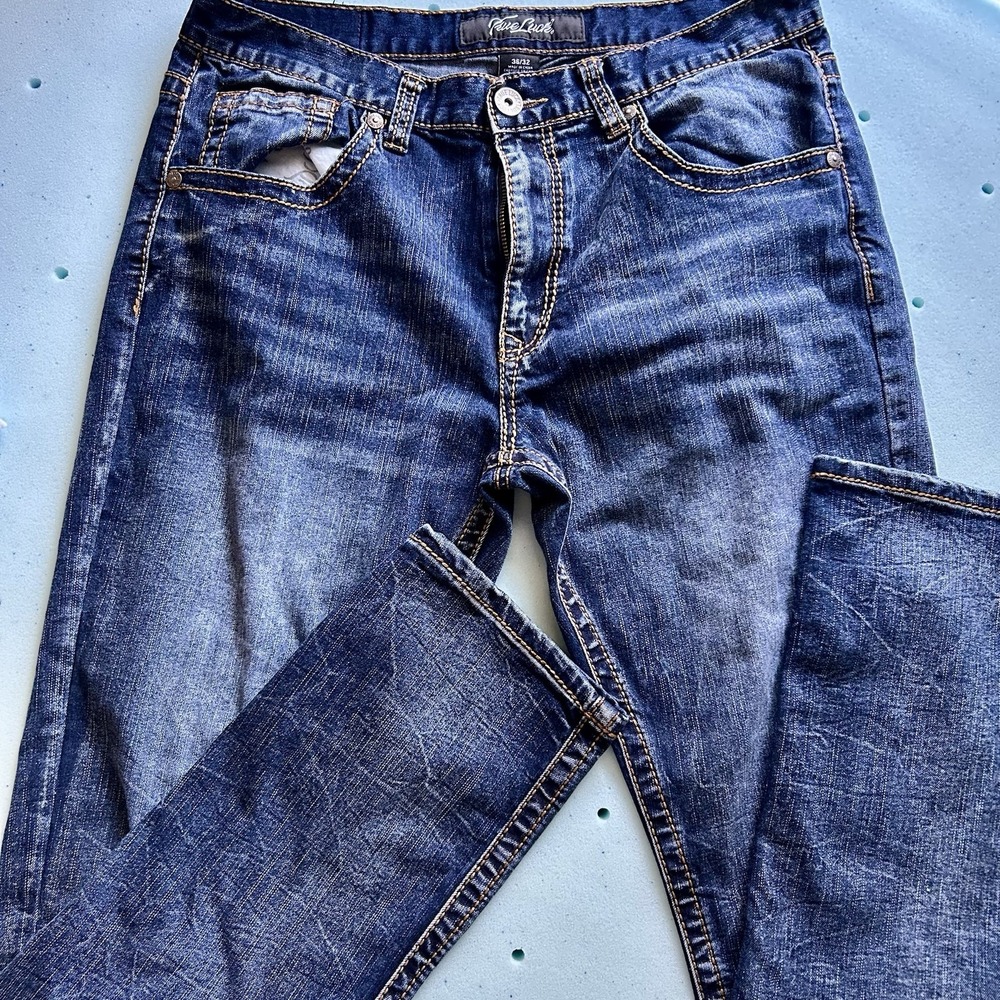 True Luck Mens Straight Leg Jeans Medium Wash Embroidered Pockets 36x32